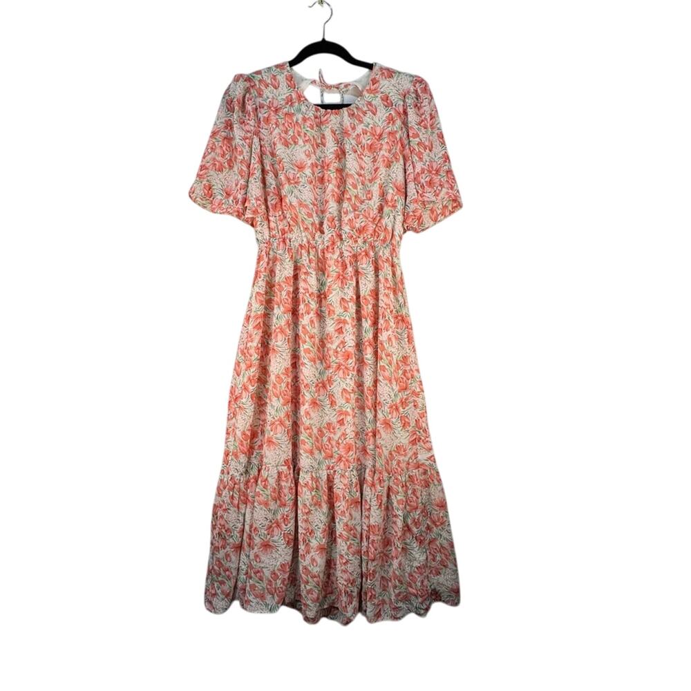 Lush Coral Floral Open Back Dress Women’s Size Medium Coquette Western Prairie